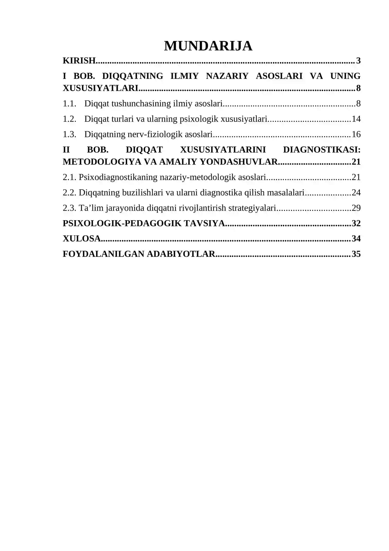 Diqqat xususiyatlari diagnostikasi mavzusidagi kurs ishi 2
