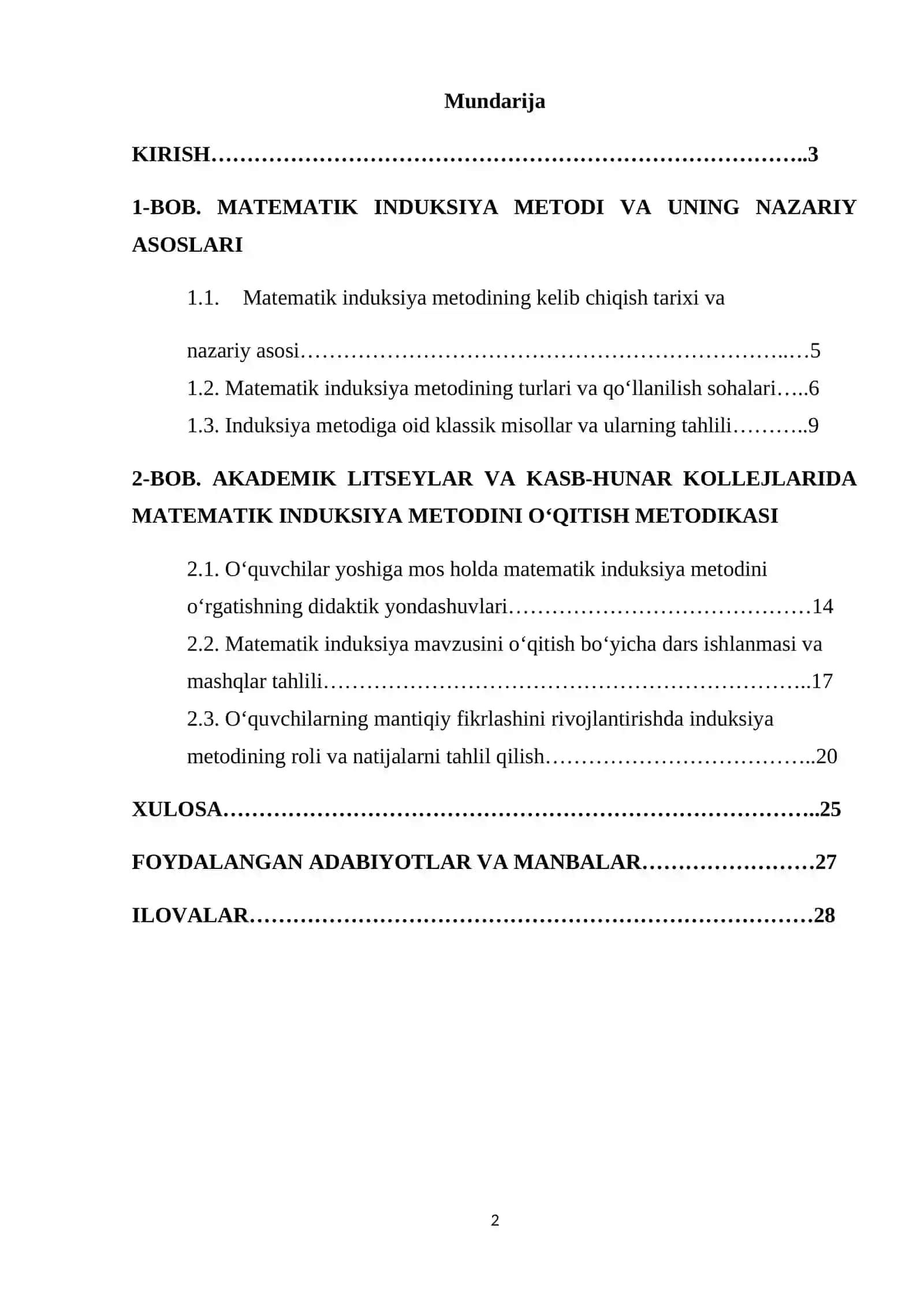 "Akademik litseylar va kasb-hunar kollejlarida Matematik induksiya metodi va uning tadbiqlari mavzusini o'qitish metodikasi" 2