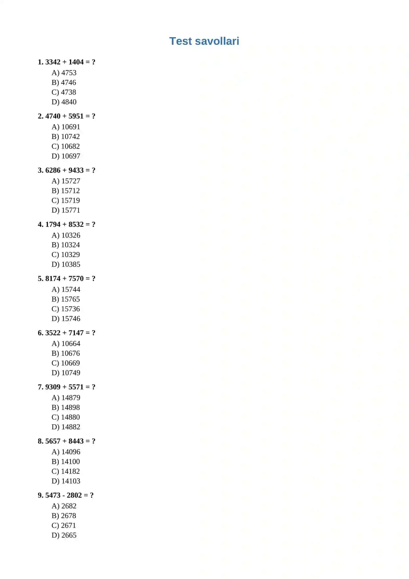 5-sinf Matematika BSB — 100 talik test to'plami (javoblar kaliti bilan) 2