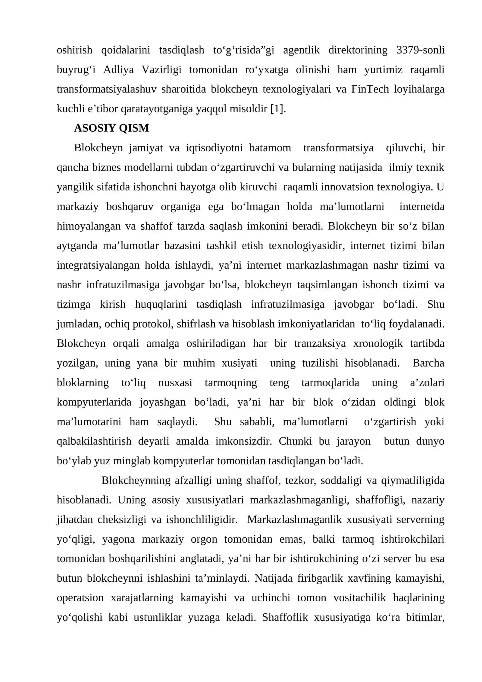 KRIPTO AKTIVLAR BILAN BOGʻLIQ TRANZAKSIYALARNI BLOKCHEYN ORQALI AMALGA OSHIRILISHI 2