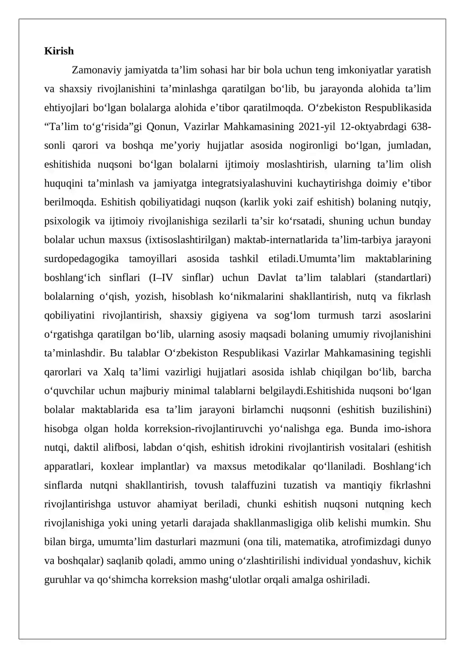 Eshitishida nuqsoni bo‘lgan bolalar maktabining boshlang‘ich sinflari uchun Davla Davlat ta’lim talablarining nazariy asoslari 2