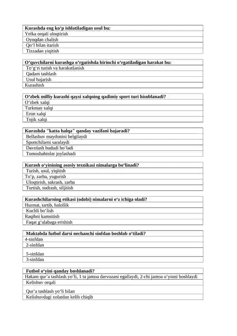 Sport o`yinlari va uni o`qitish metodikasi testlar 2