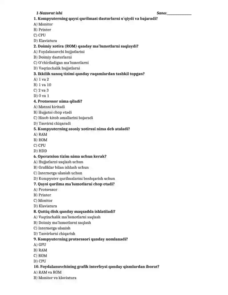 9-sinf informatika yillik test 2