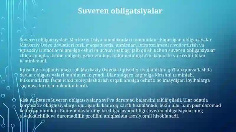 Suveren obligatsiyalar: Markaziy Osiyo mamlakatlari tomonidan chiqarilgan obligatsiyalar Markaziy Osiyo davlatlari turli maqsadlarda 2