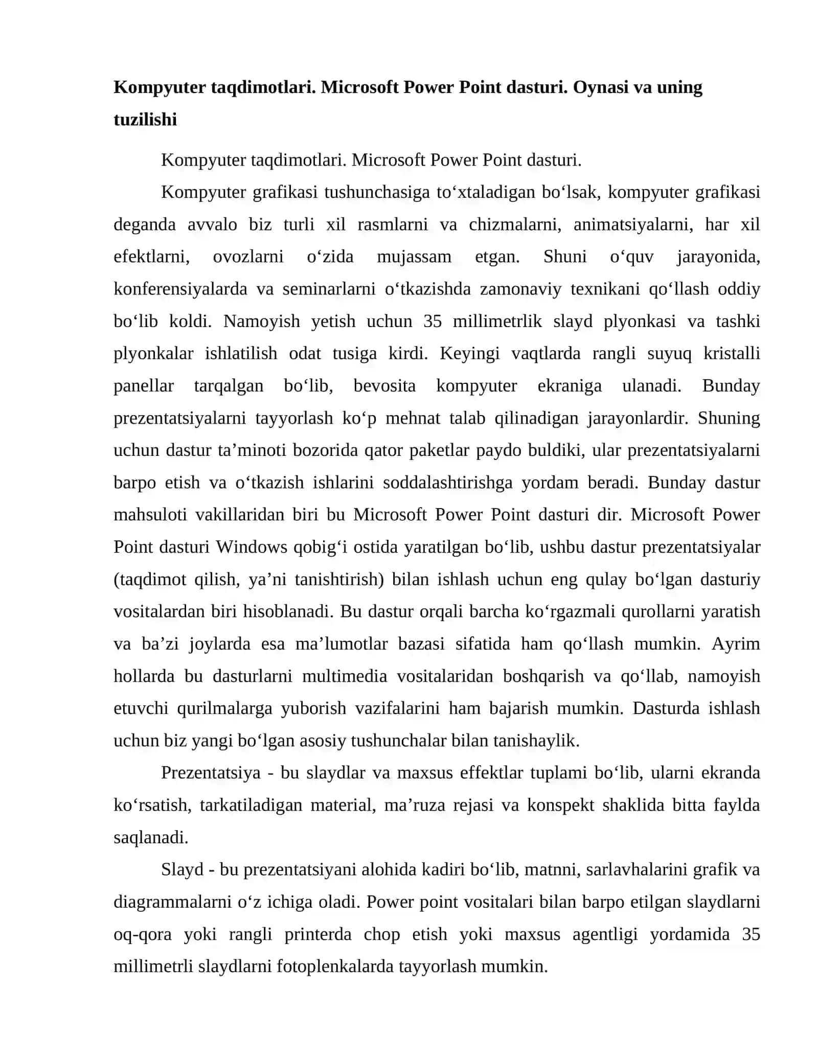 Kompyuter taqdimotlari. Microsoft Power Point dasturi. Oynasi va uning tuzilishi 2