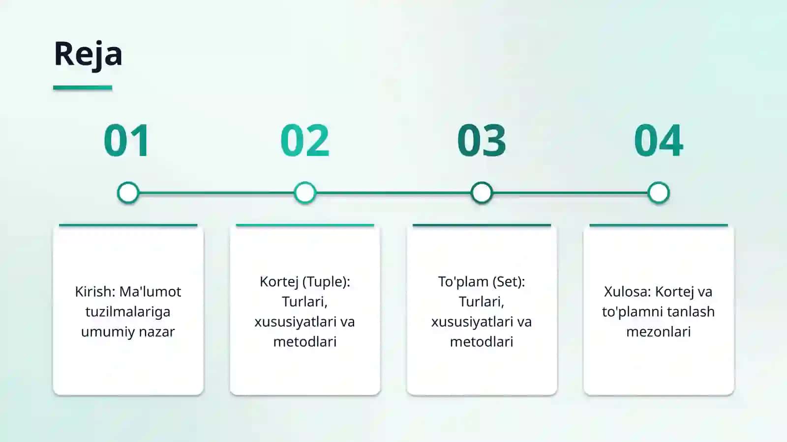 Kortej (tuple) va toʻplam(set) ma'lumot tuzilmalari hamda ularning qoʻllanilishi 2