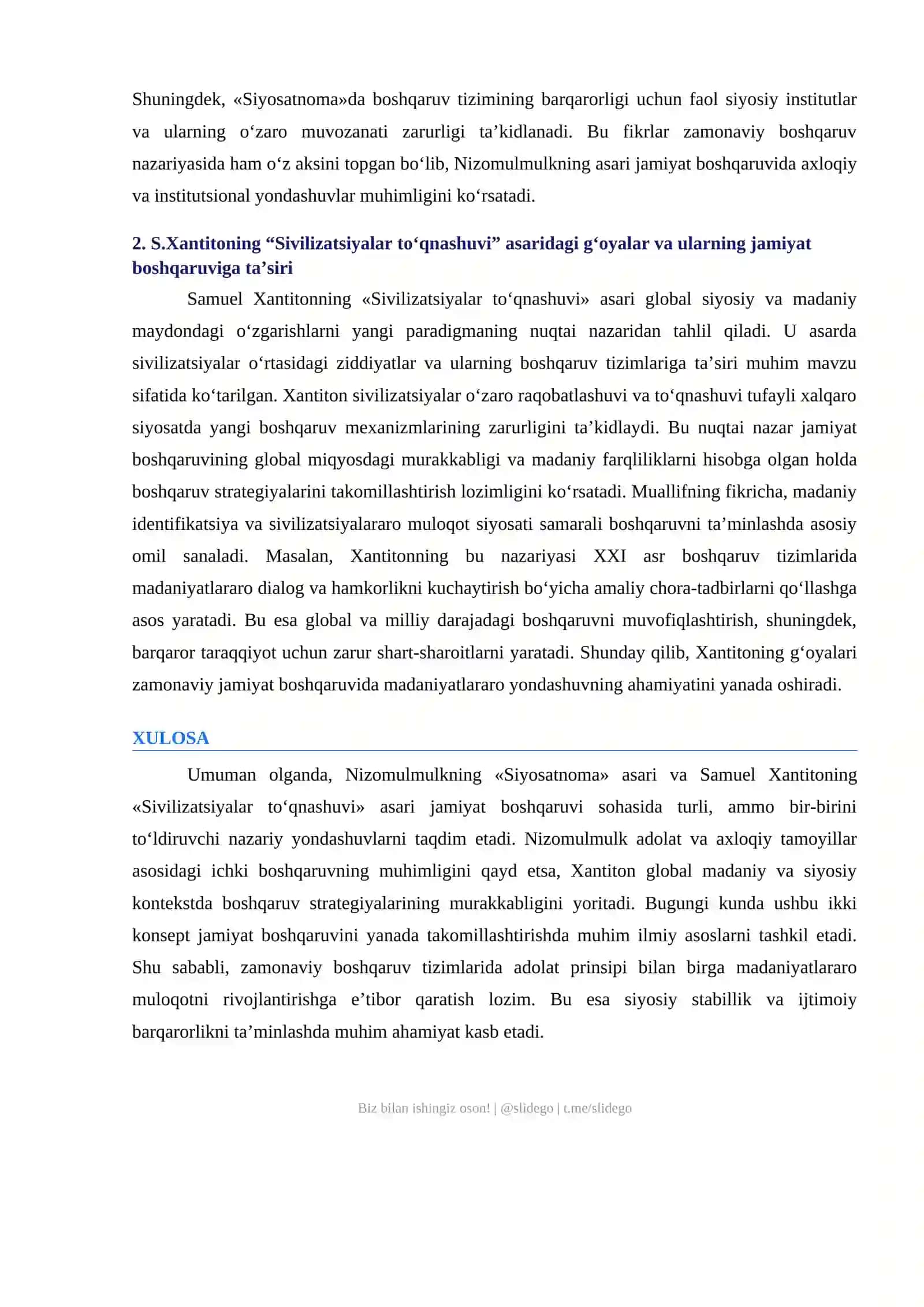Nizomulmulkning “Siyosatnoma” asari va S.Xantitoning “Sivilizatsiyalar to‘qnashuvi” asaridagi jamiyat boshqaruviga oid g‘oyalar tahlili 2