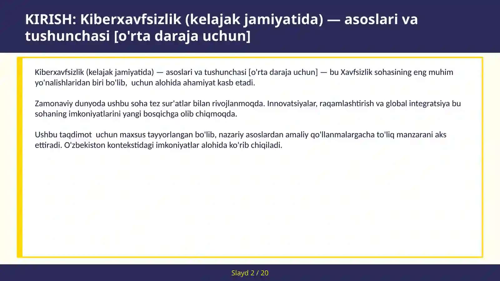 KIBERXAVFSIZLIK (KELAJAK JAMIYATIDA) — ASOSLARI VA TUSHUNCHASI [O'RTA DARAJA UCHUN] 2