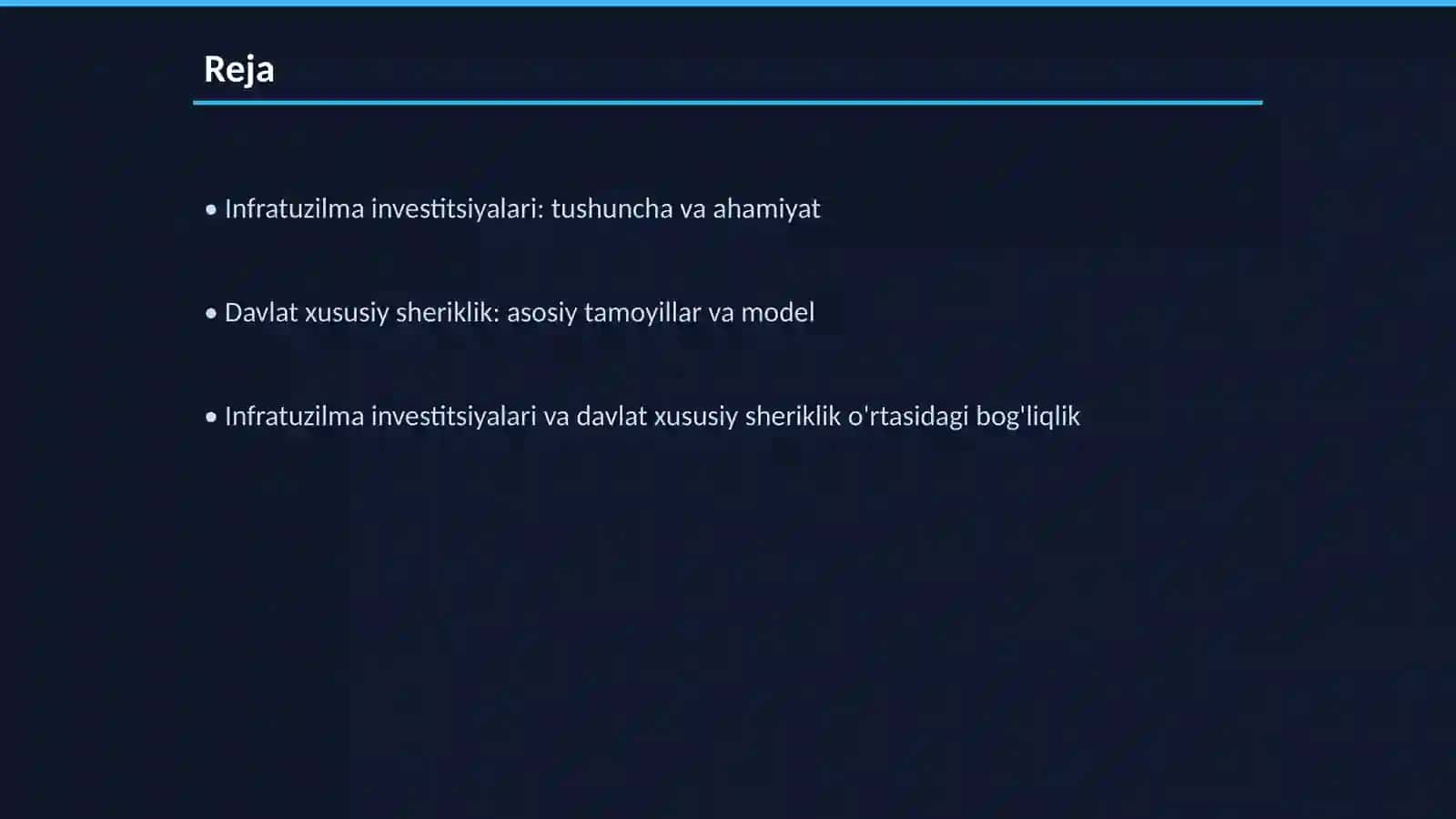 Infratuzilma investitsiyalari va davlat xususiy sheriklik 2
