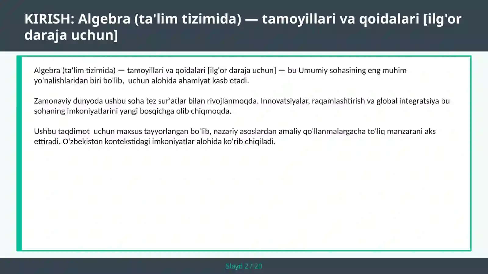 Algebra (ta'lim tizimida) — tamoyillari va qoidalari [ilg'or daraja uchun] 2