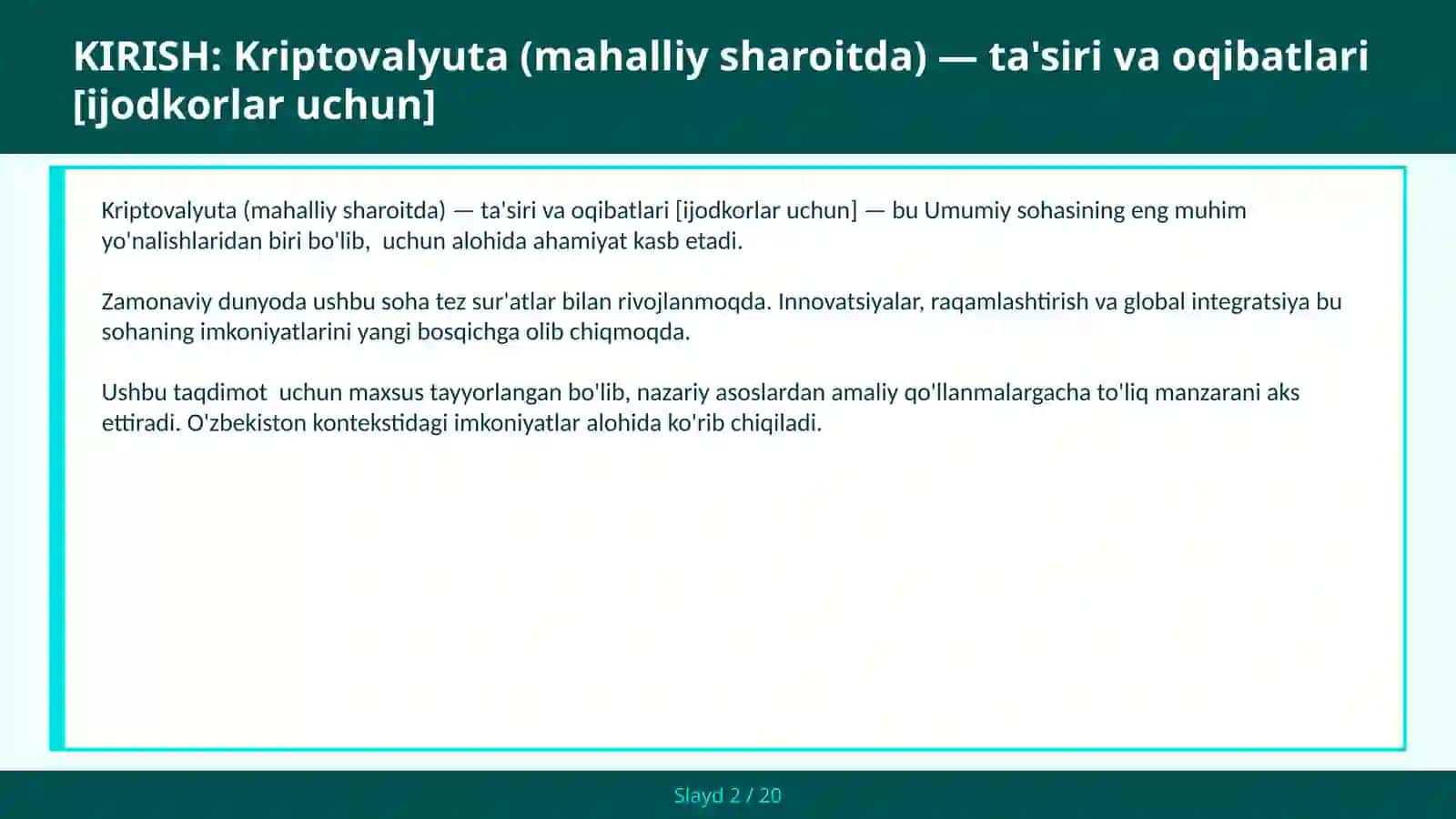 Kriptovalyuta (mahalliy sharoitda) — ta'siri va oqibatlari [ijodkorlar uchun] 2