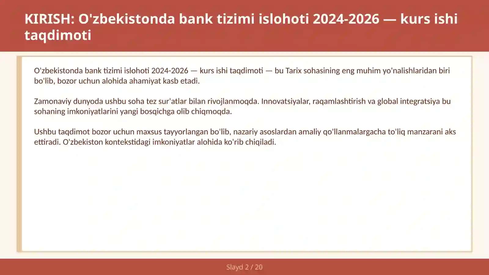 O'zbekistonda bank tizimi islohoti 2024-2026 — kurs ishi taqdimoti 2