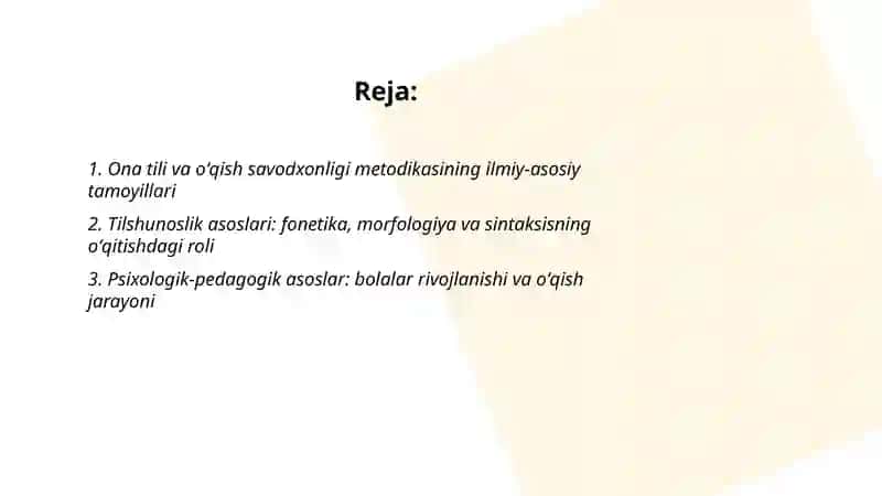 Onatili va oʻqish savodxonligining oʻqish metodikasining ilmiy asoslari oʻzaro bogʻliq fanlarni dalillash 2
