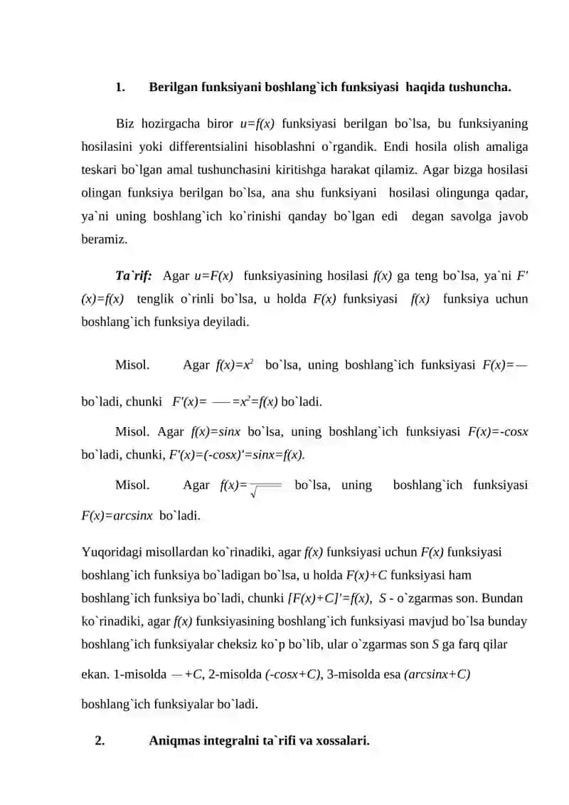 Aniqmas Integralning Asosiy Xossalari 2