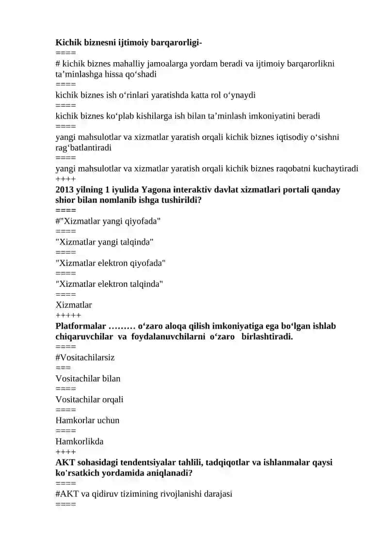 Kichik biznes va hususiy tadbirkorlik fanidan test savollari 2