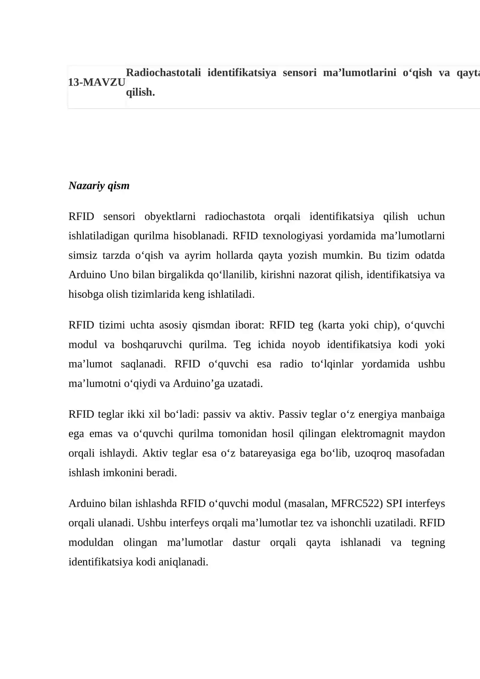 Radiochastotali identifikatsiya sensori ma’lumotlarini o‘qish va qayta yozishni tashkil qilish 2