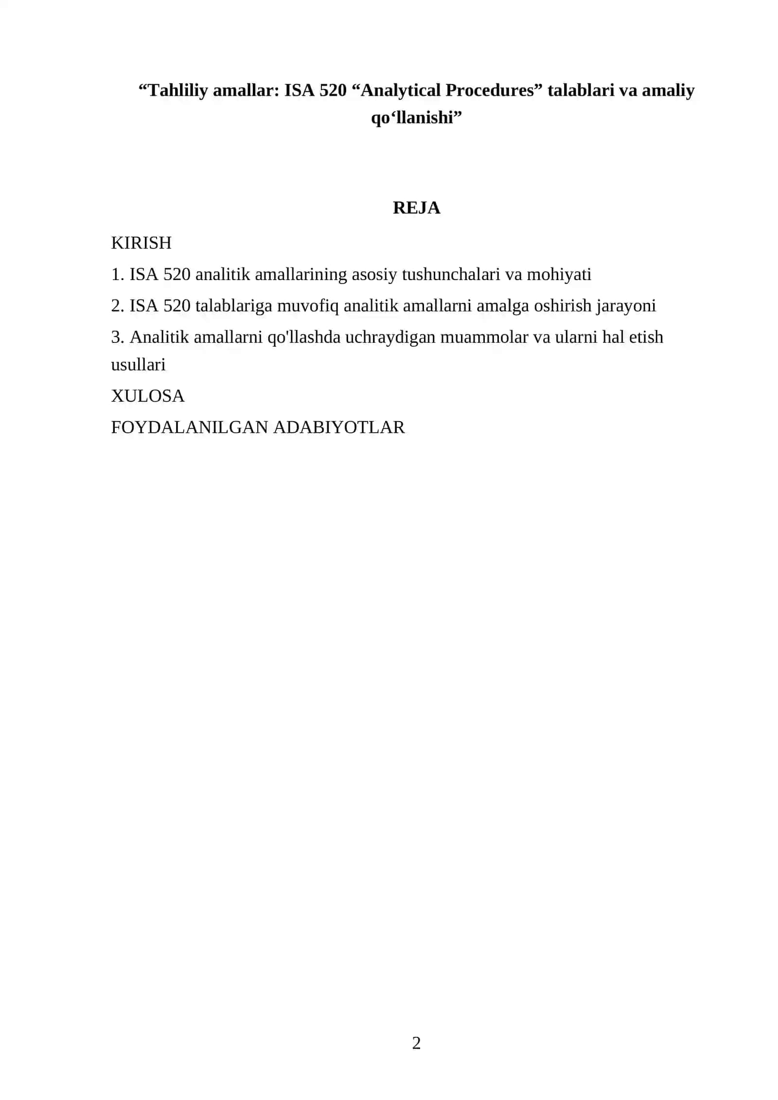 "Tahliliy amallar: ISA 520 “Analytical Procedures” talablari va amaliy qoʻllanishi" 2