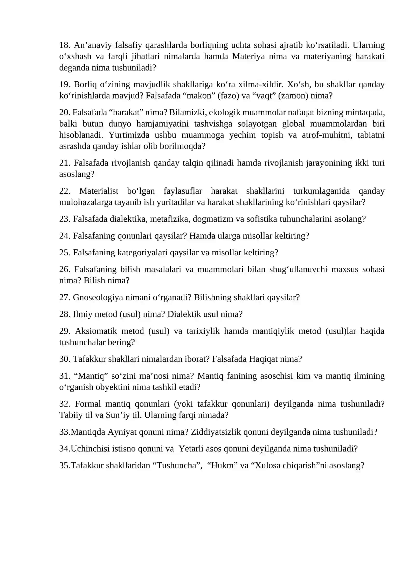 Falsafa fanidan sirtqi ta’lim ta’abalari uchun oraliq nazorati uchun savollar 2