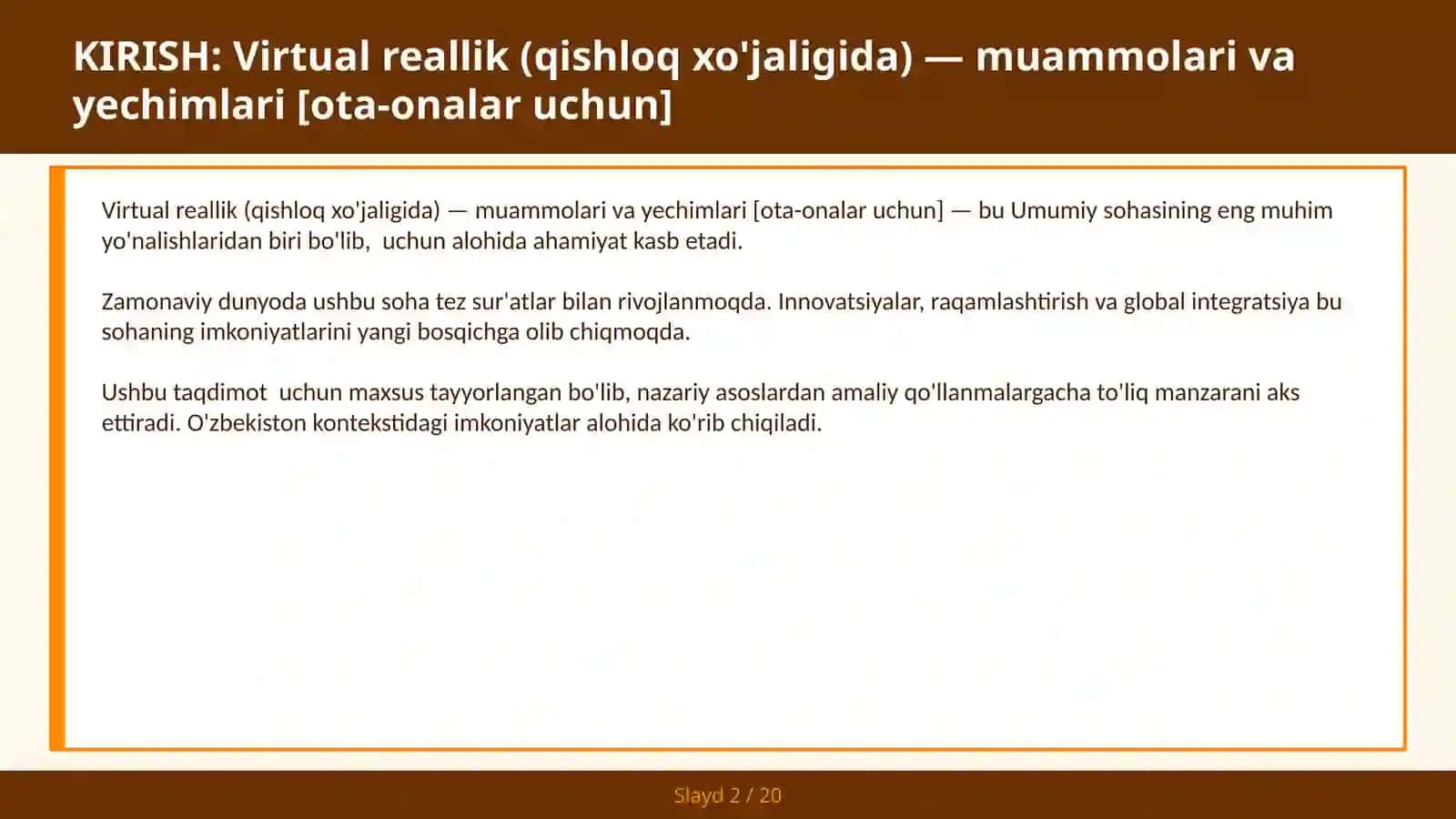 VIRTUAL REALLIK (QISHLOQ XO'JALIGIDA) — MUAMMOLARI VA YECHIMLARI [OTA-ONALAR UCHUN] 2