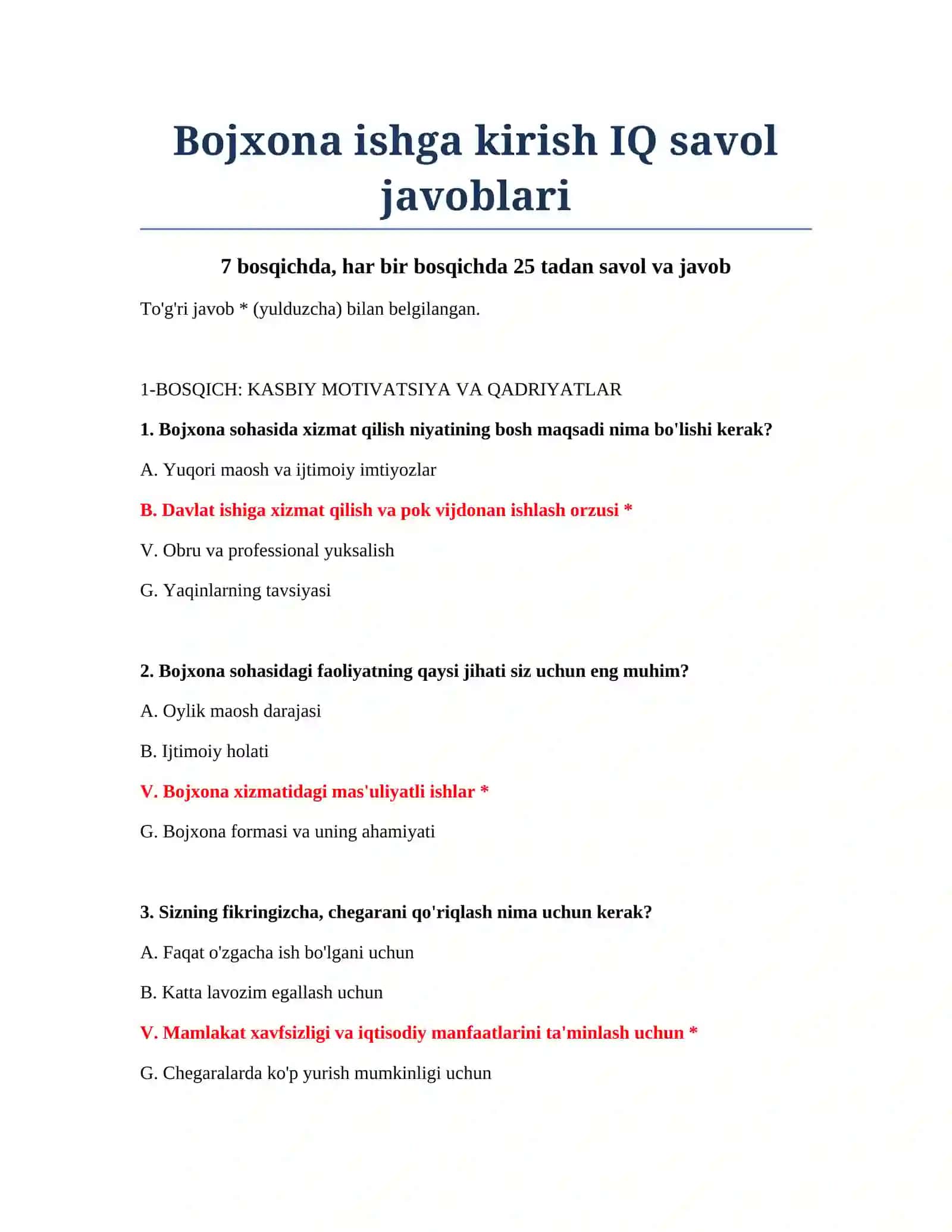 Bojxona ishga kirish IQ savol javoblari 2