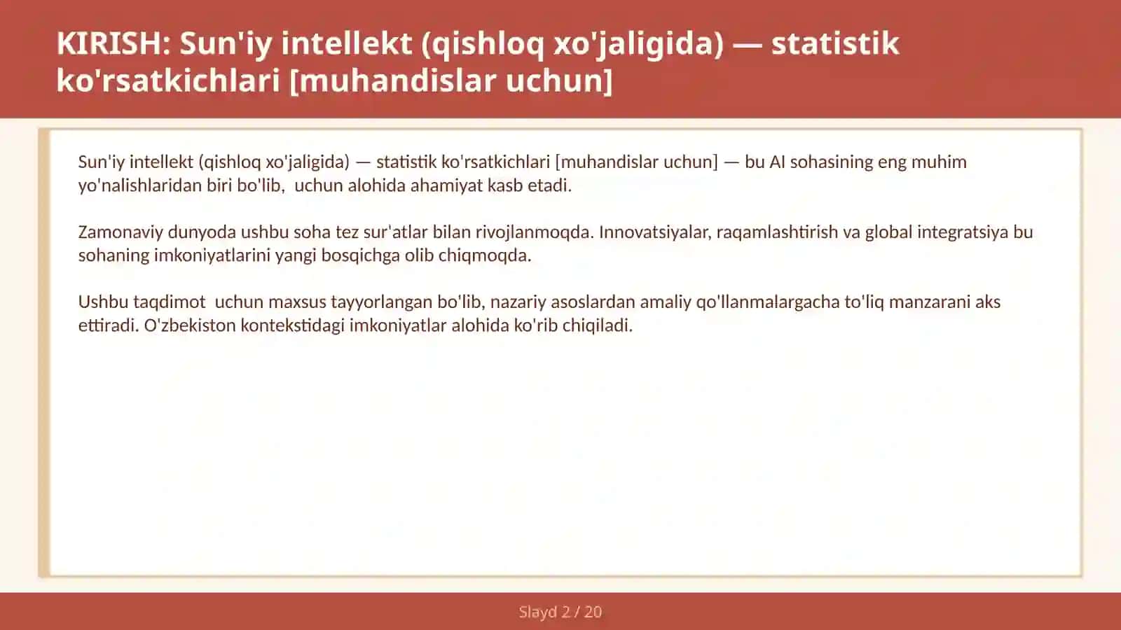 Sun'iy intellekt (qishloq xo'jaligida) — statistik ko'rsatkichlari [muhandislar uchun] 2