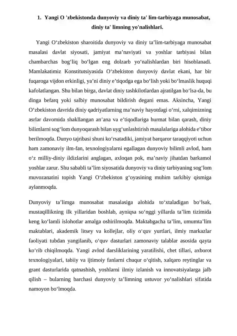 Yangi O 'zbekistonda dunyoviy va diniy ta'lim-tarbiyaga munosabat 2