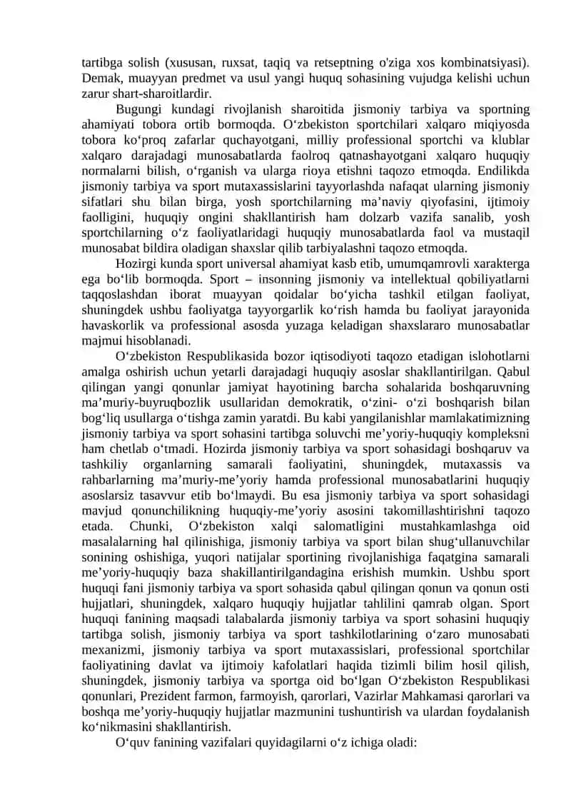 Sport huquqi tushunchasi, shakllanishi, manbalari va tizimi 2