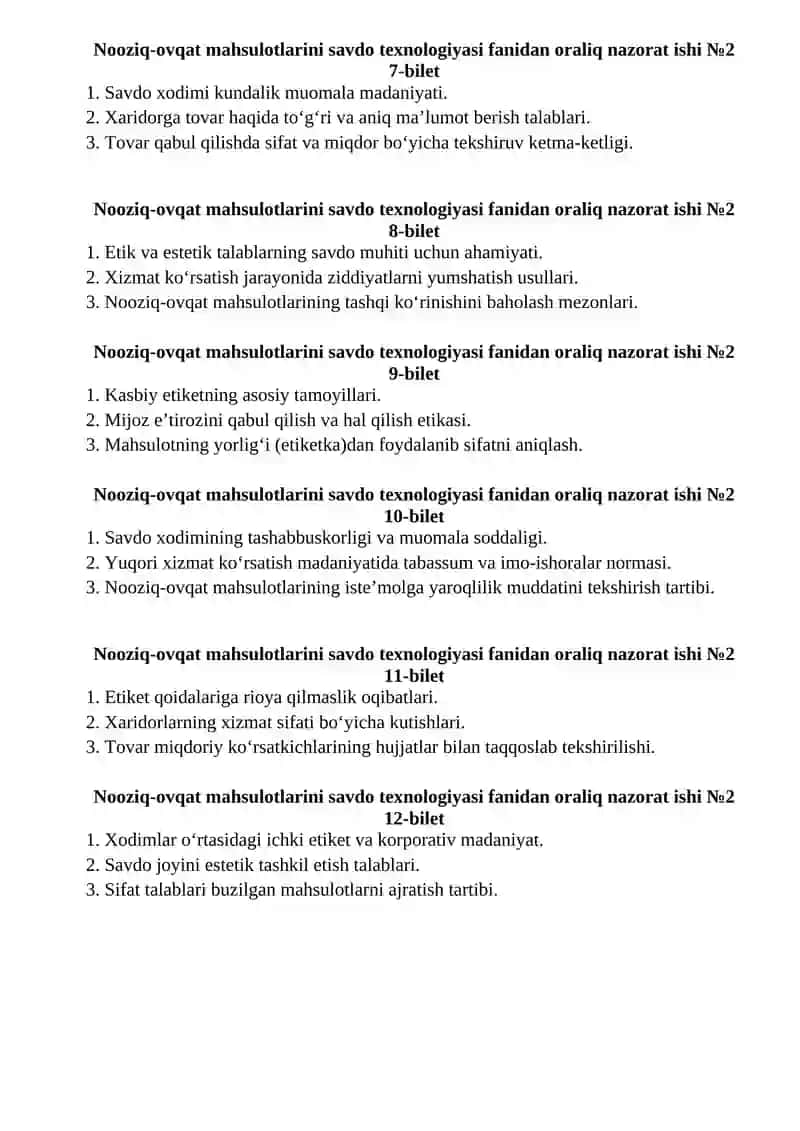 Nooziq-ovqat mahsulotlarini savdo texnologiyasi fanidan oraliq nazorat ishi №2 2