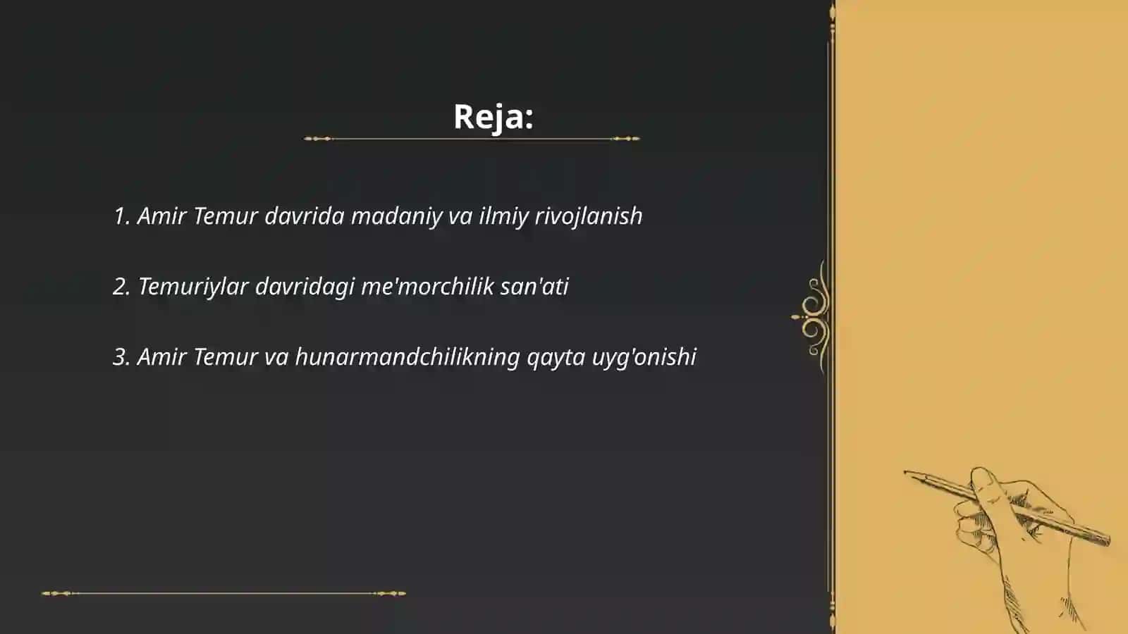 Amir Temur va temuriylar davrida milliy ma'naviyatimizning qayta uyg'onishi va yuksalishi (XIII asr oxirgi choragi - XVI asr boshlari) 2