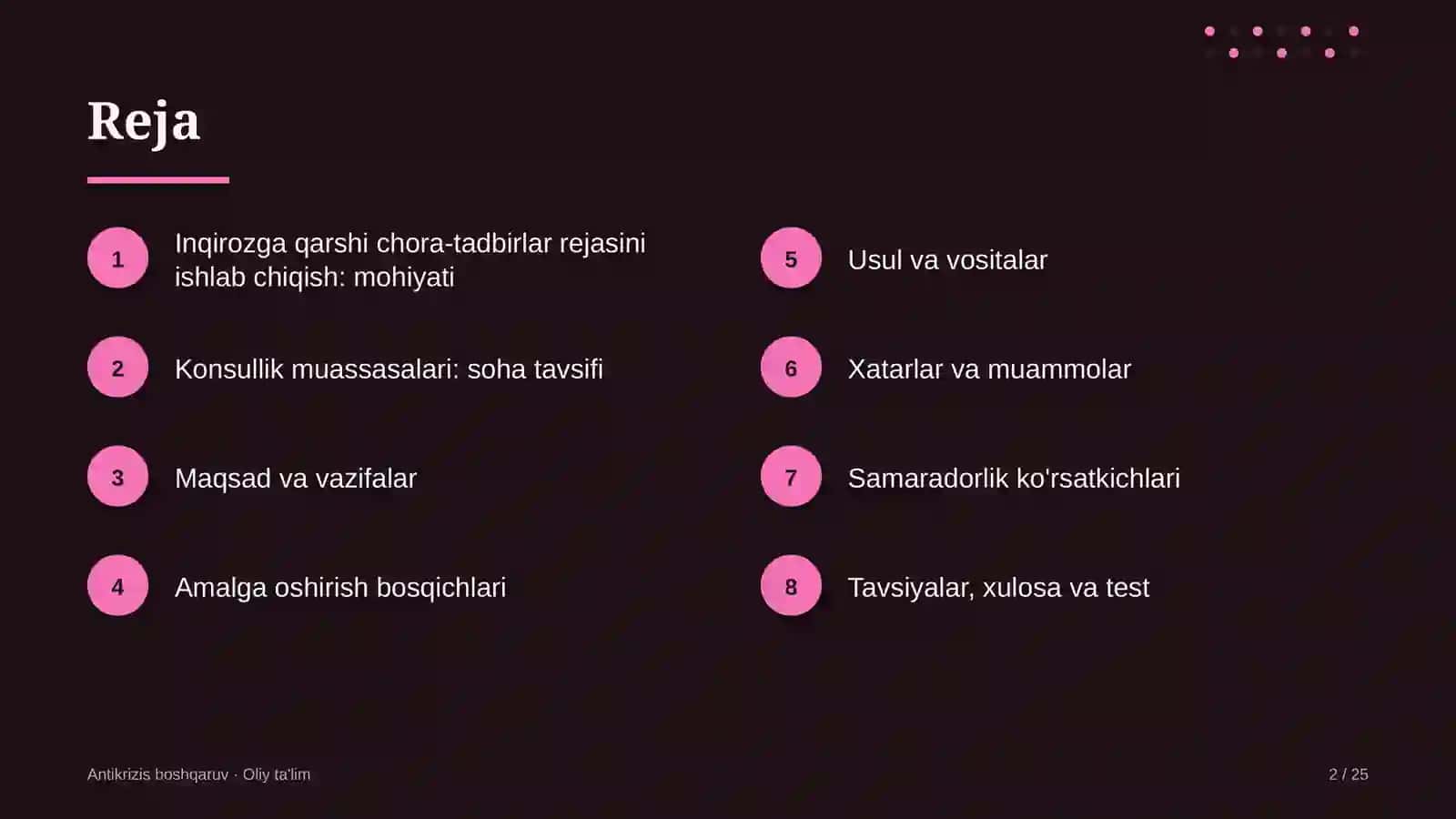 Konsullik muassasalarida inqirozga qarshi chora-tadbirlar rejasini ishlab chiqish 2