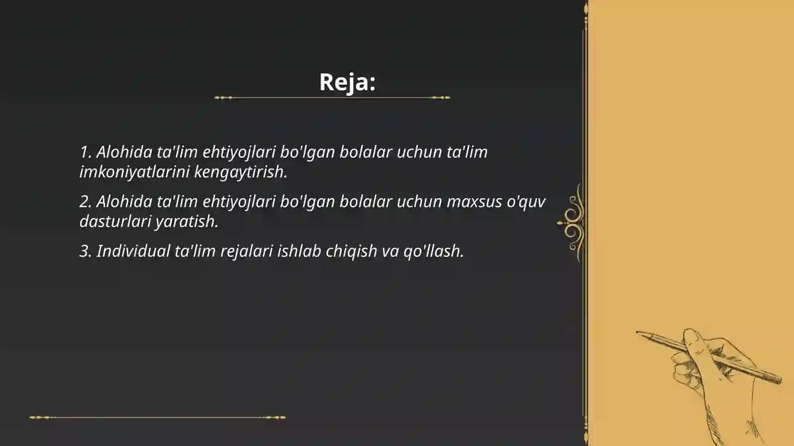 Alohida ta'lim ehtiyojlari bolgan bolalarning ta'lim olishlarini tashkil etish va ularni reabilitatsiya qilish tizimini takokomillashtirish chora tadbirlari tog'risida 2