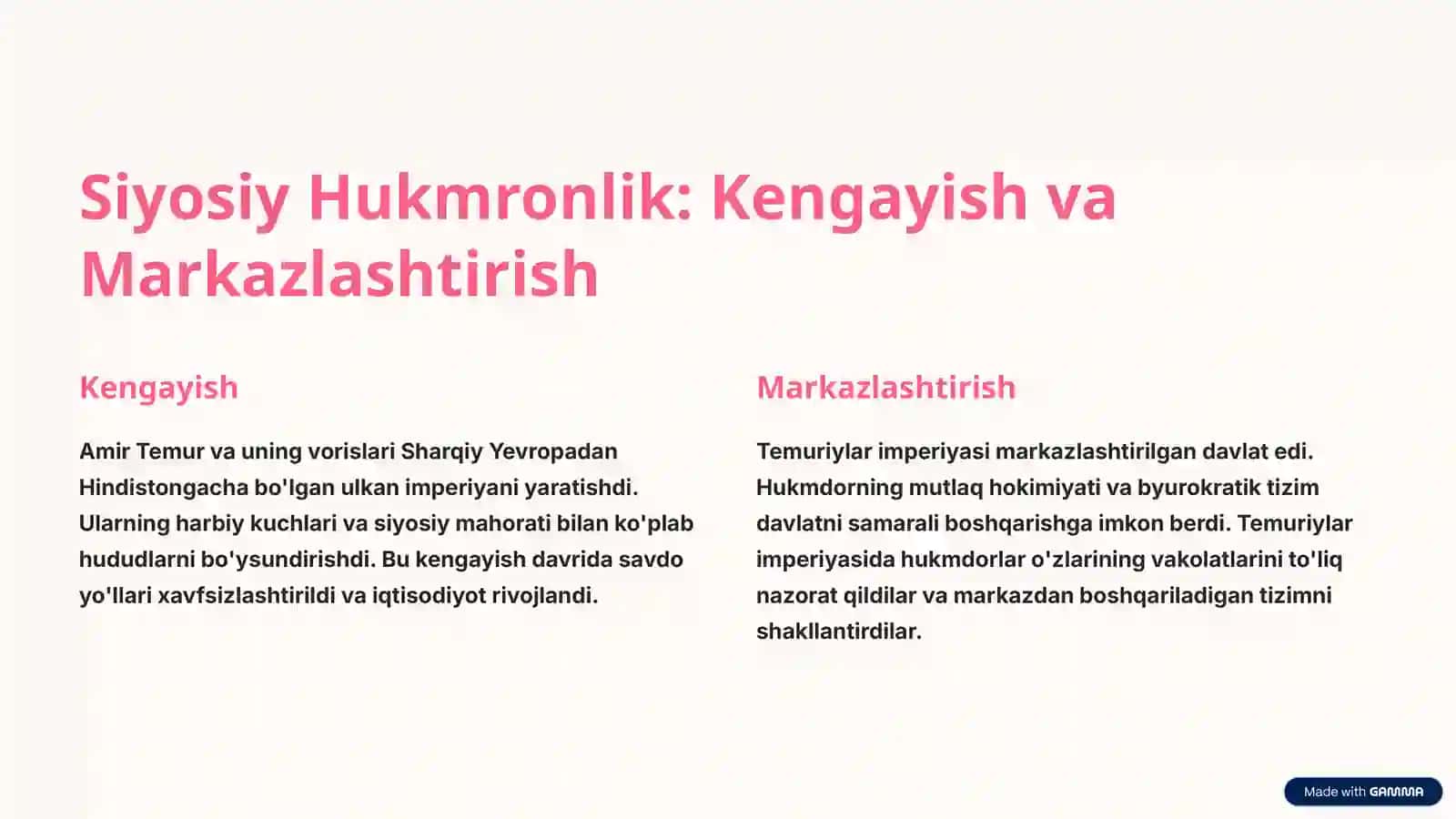 Temuriylar Hukmronligi: Siyosiy, Ijtimoiy va Iqtisodiy Hayot mavzusida tayyor taqdimot 2