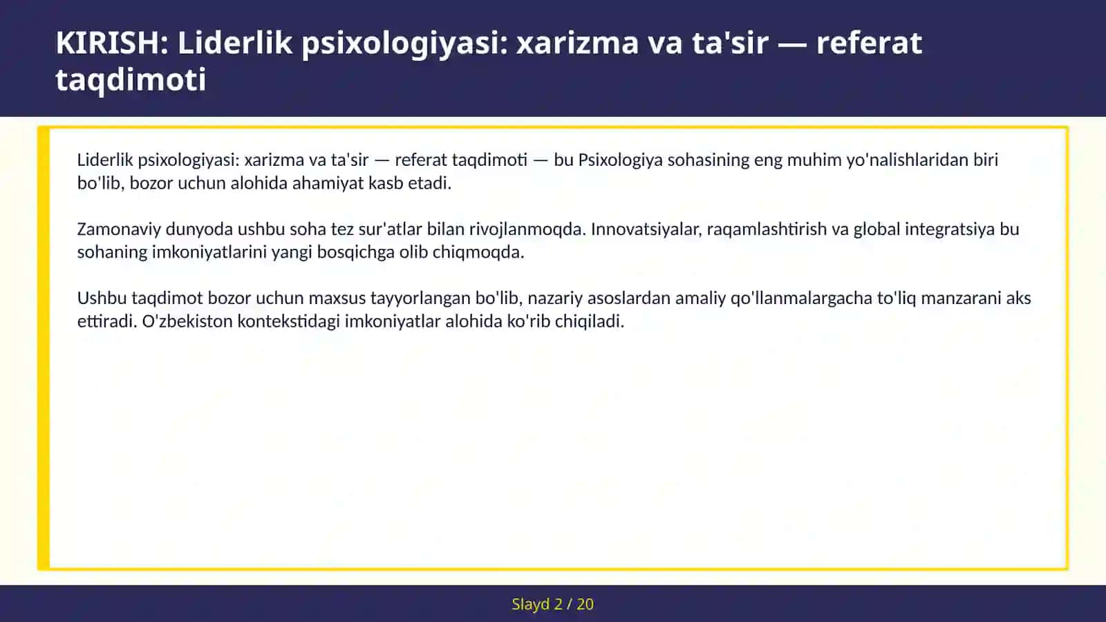 Liderlik Psixologiyasi: Xarizma va Ta'sir - Referat Taqdimoti 2