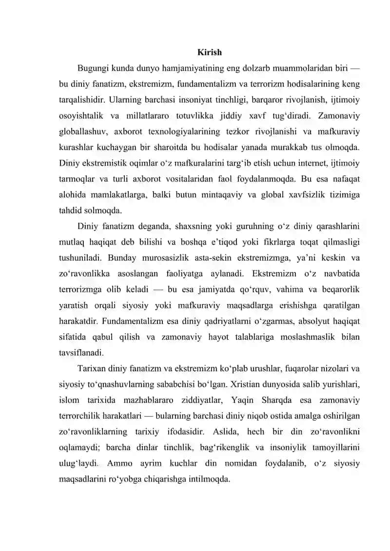 Diniy fanatizm, ekstremizm, fundamentalizm, terrorizmning tarixi va ularning hozirgi davrda xavfsizlikka tahdidi 2