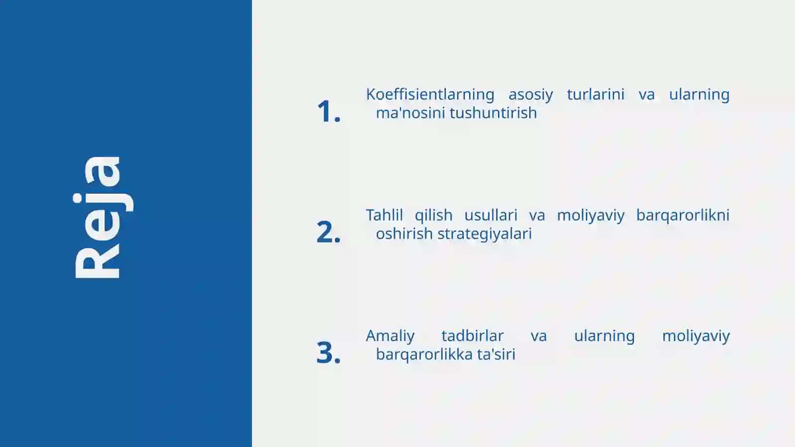 Moliyaviy barqarorlik koeffisientlarni tahlil qilish va uni oshirish bo’yicha amaliy tadbirlar ishlab chiqish 2