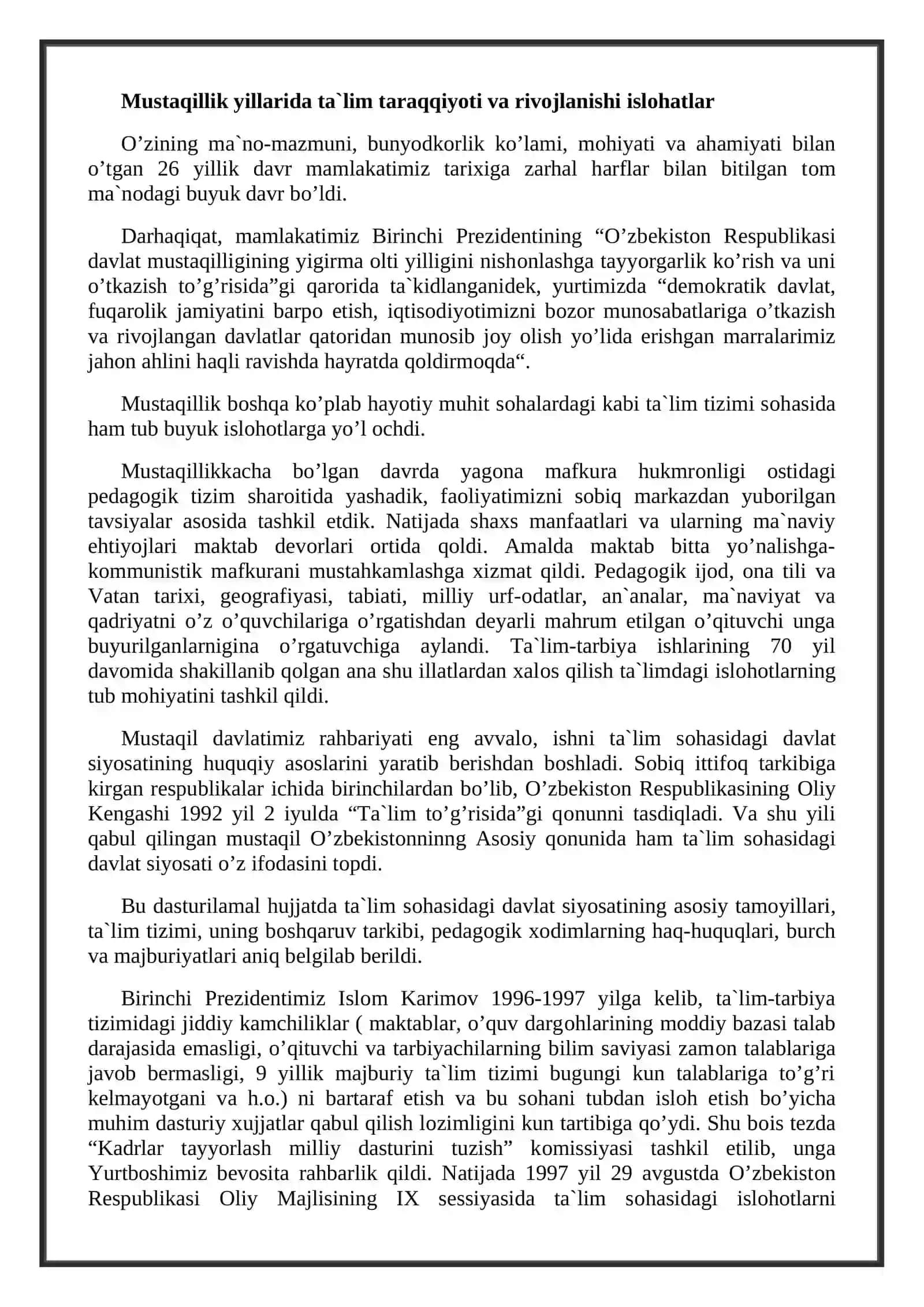 Mustaqillik yillarida ta`lim taraqqiyoti va rivojlanishi islohatlar 2
