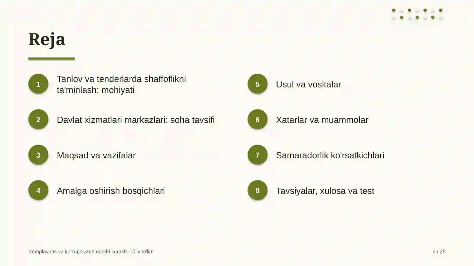 Komplayens va korrupsiyaga qarshi kurash · Oliy ta'lim 2