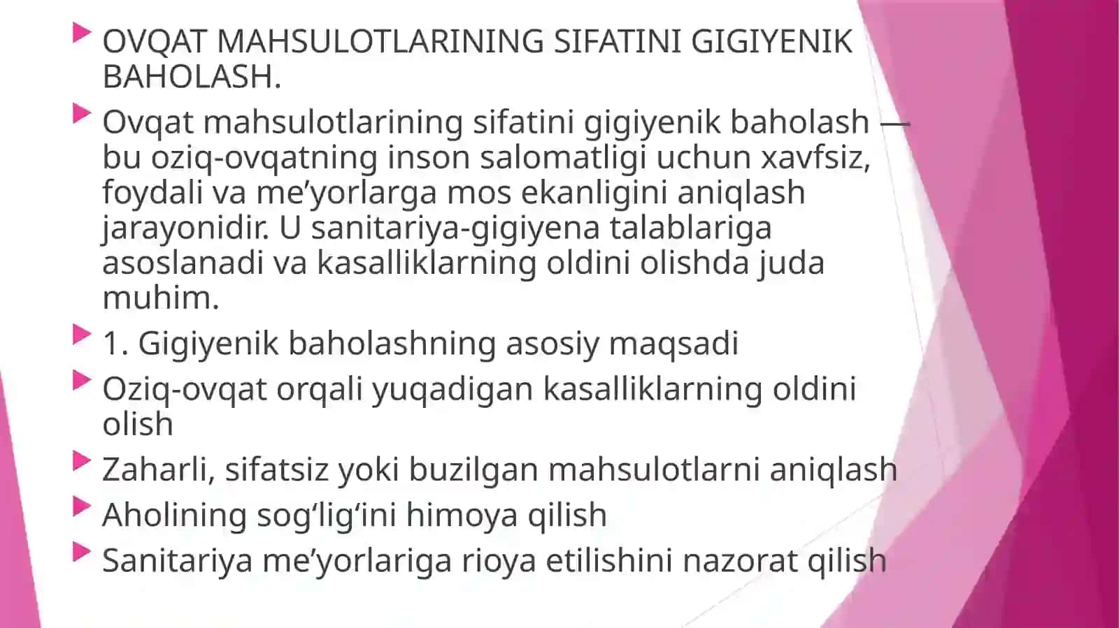 Ovqat mahsulotlarining sifatini gigiyenik baholash.Oziq-ovqat xavfsizligi.Ovqatdan zaharlanishlar va 2