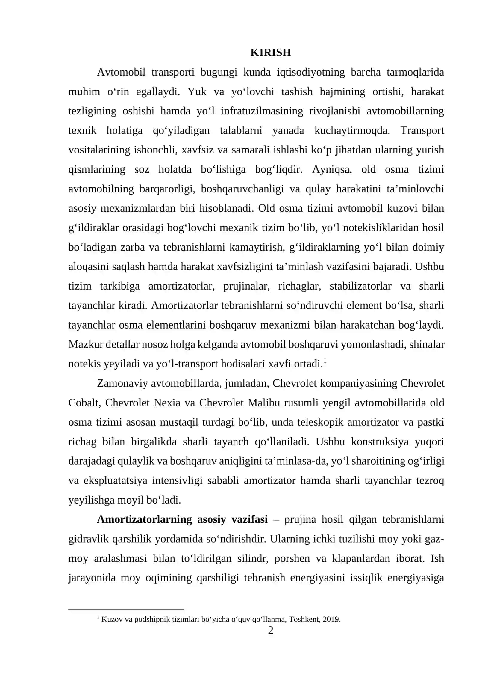 Old osma tizimi amortizatirlar va sharli tayanchlarni (sharavoy) almashtirish texnalogik xaritasi 2