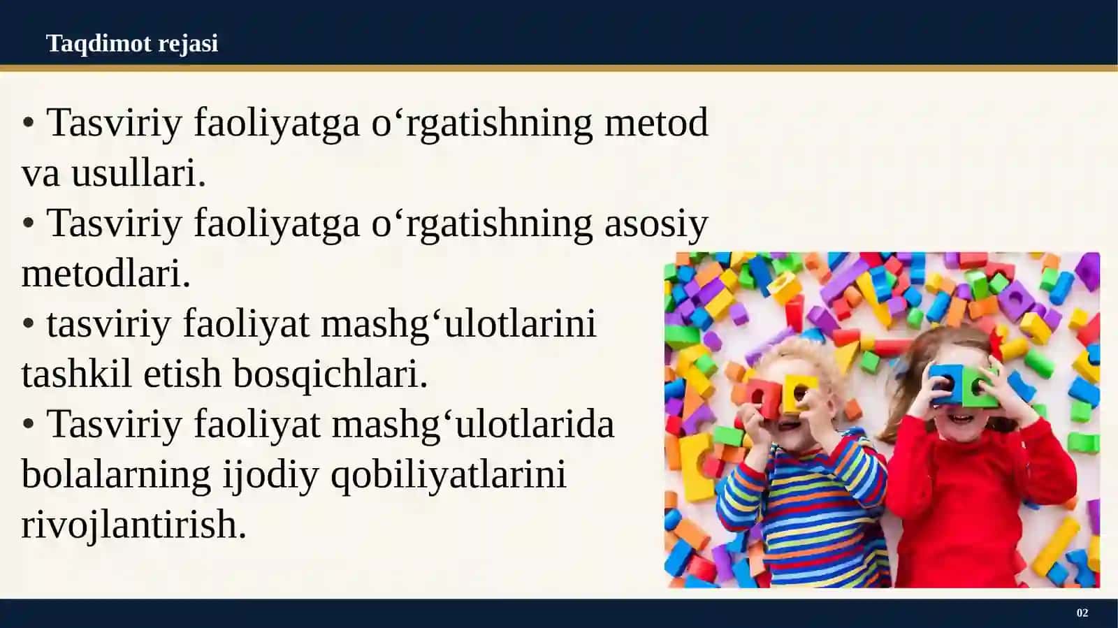Tasviriy faoliyatga o‘rgatishning metod va usullari. Tasviriy faoliyat mashg‘ulotlarini tashkil qilish 2