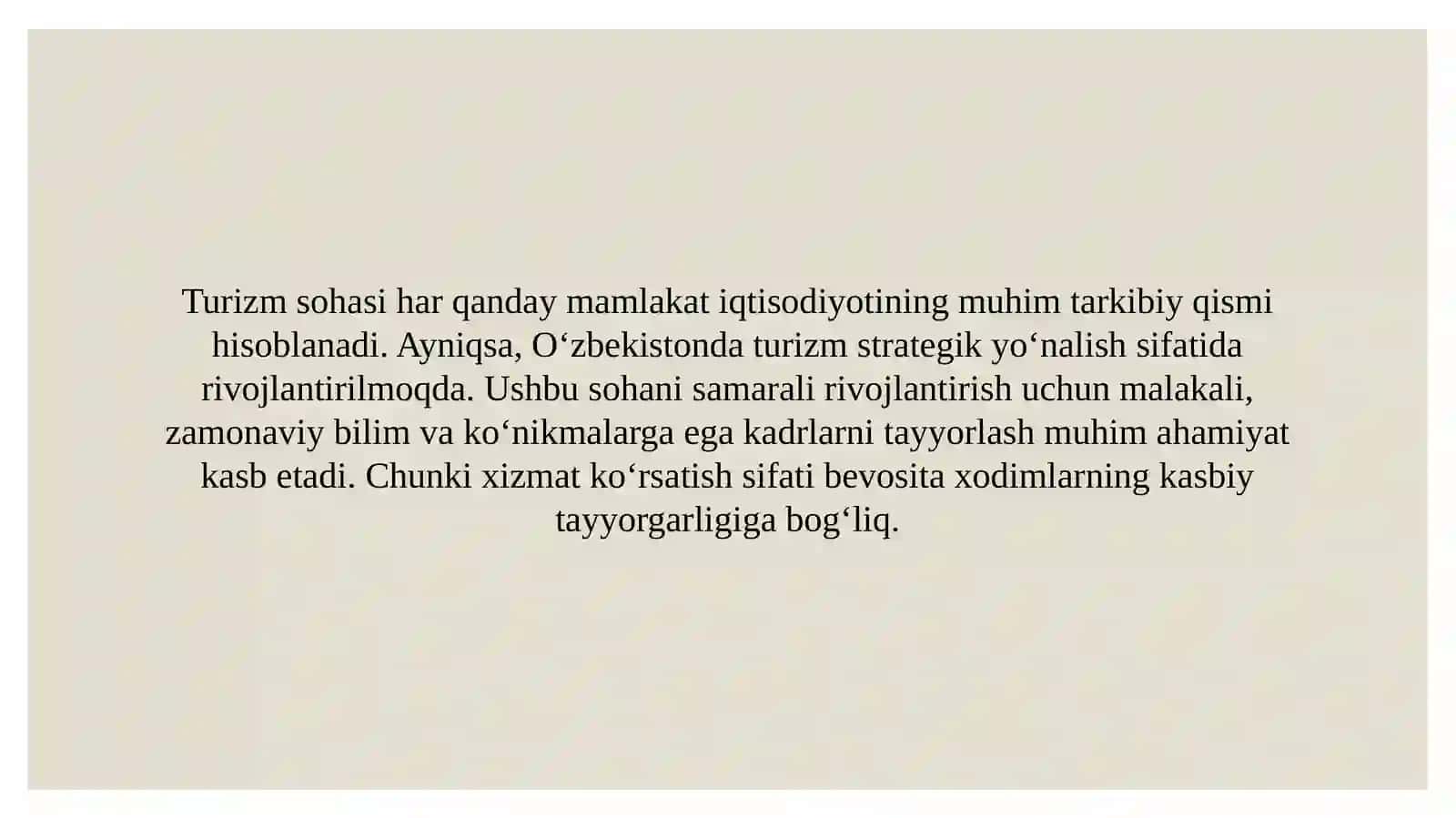 Turizm sohasida kadrlar tayyorlash tizimini takomillashtirish 2