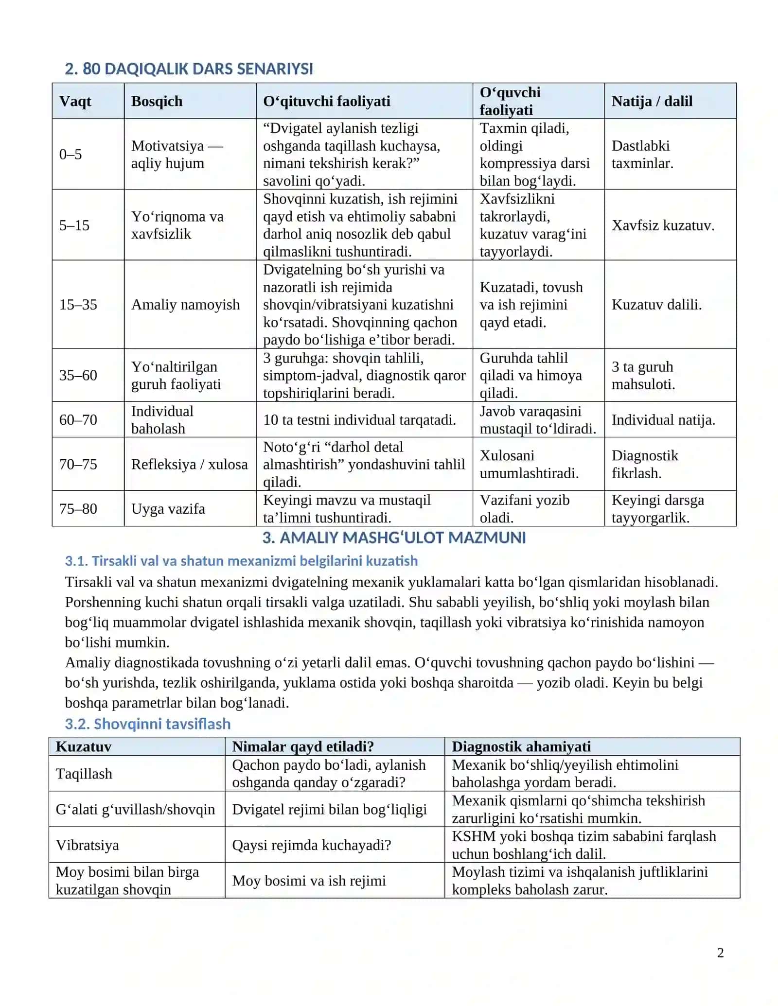AVTOMOBIL DVIGATELLARINI TASHXISLASH AMALIY №5.Tirsakli_val_va_shatun_mexanizmi_belgilarini_diagnostika_qilish 2