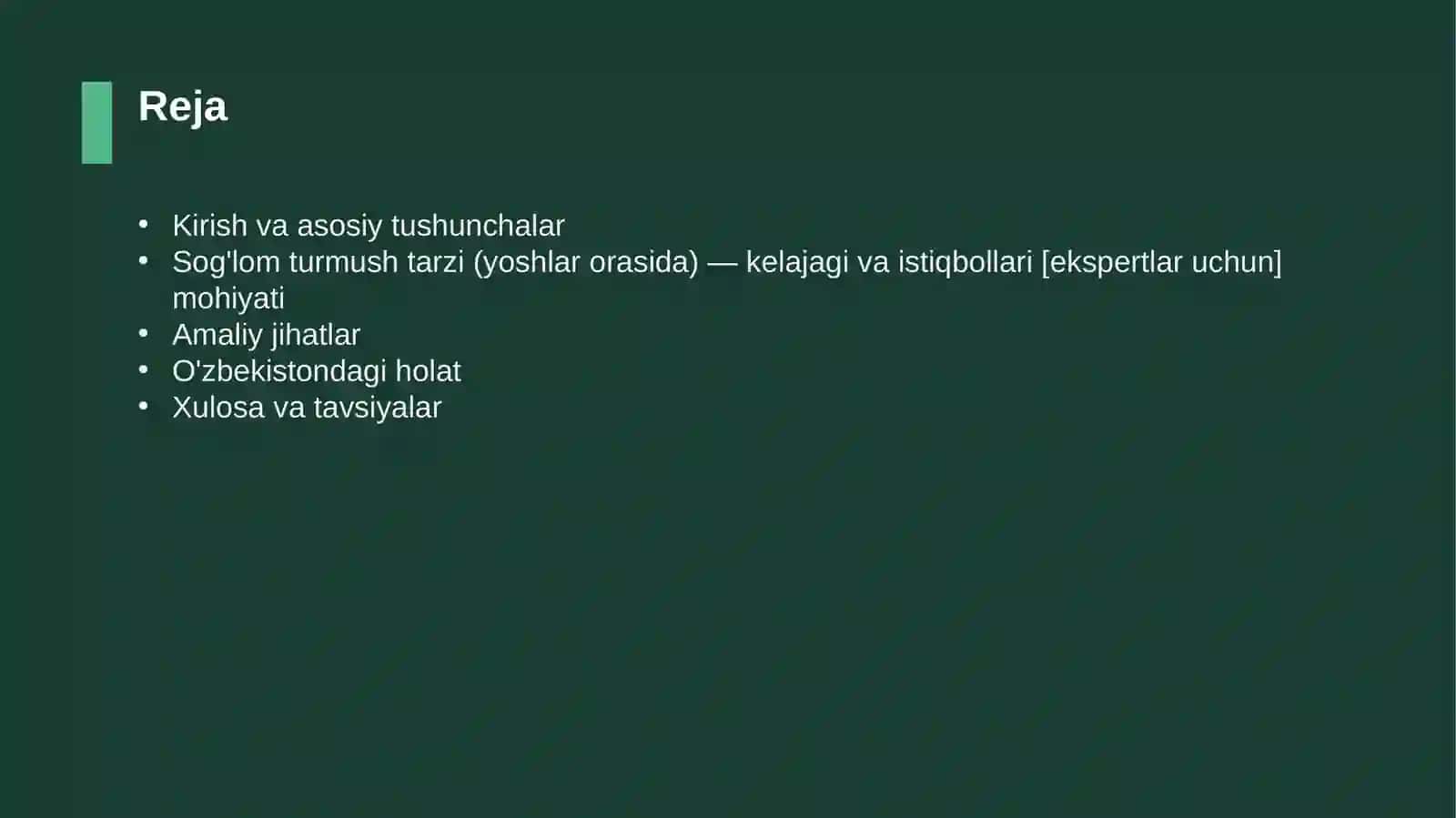Sog'lom turmush tarzi (yoshlar orasida) — kelajagi va istiqbollari [ekspertlar uchun] 2
