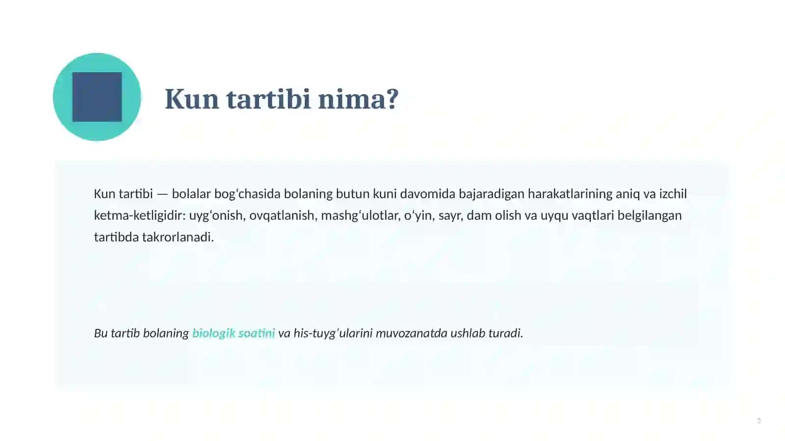 Kun tartibi. Bog`cha uchun. 2