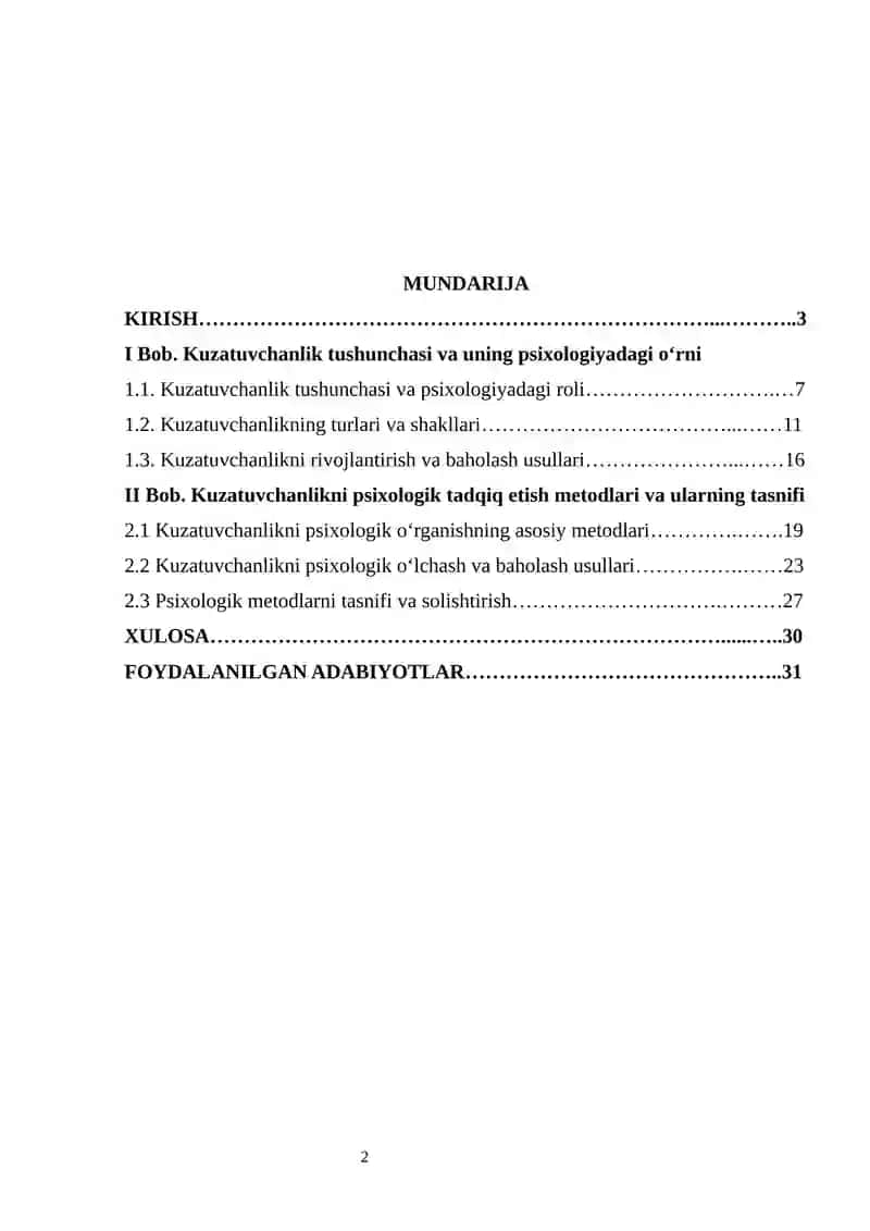 Kuzatuvchanlikni tadqiq etish metodlari tasnifi  kurs ishi 2