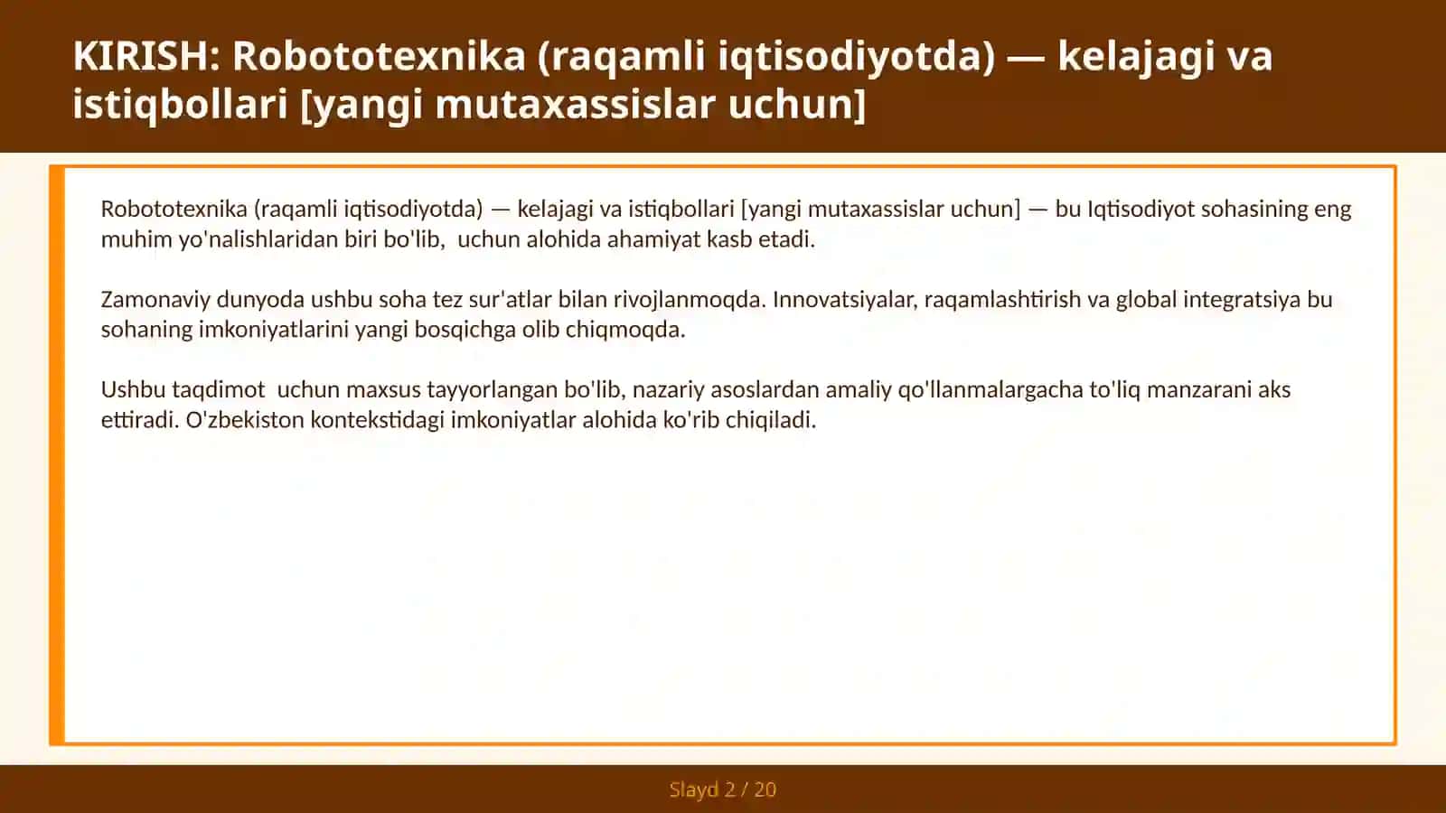 ROBOTOTEXNIKA (RAQAMLI IQTISODIYOTDA) — KELAJAGI VA ISTIQBOLLARI [YANGI MUTAXASSISLAR UCHUN] 2