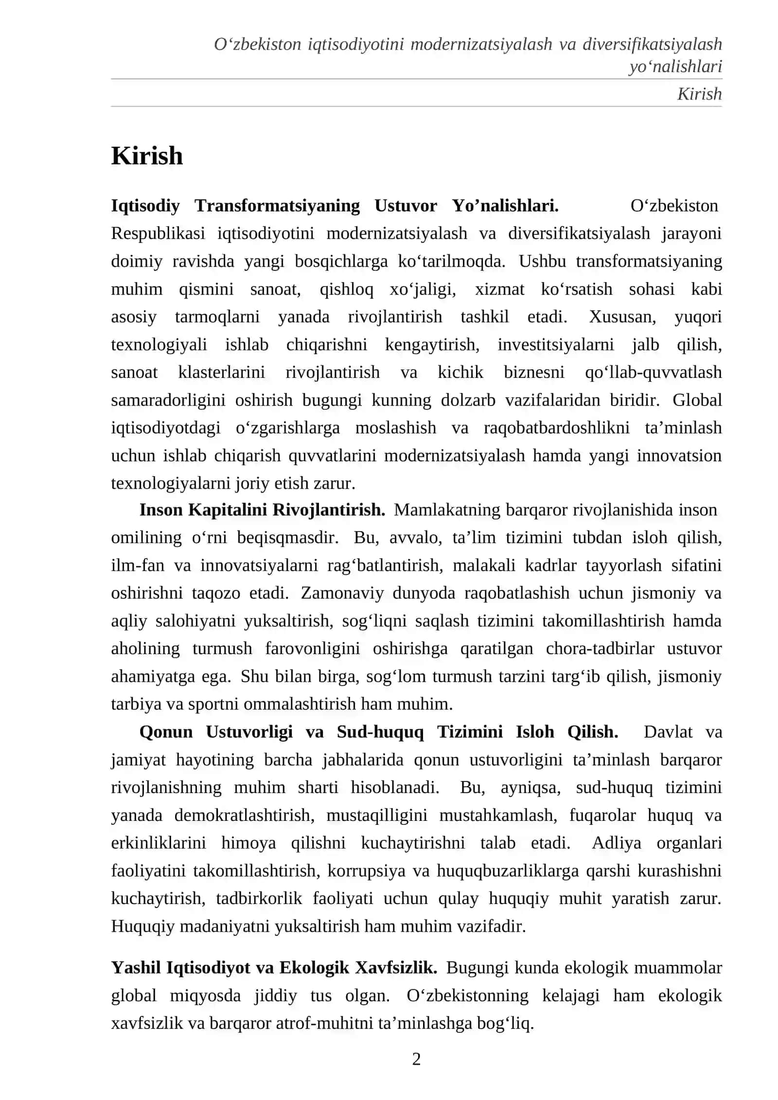 O‘zbekiston iqtisodiyotini modernizatsiyalash va diversifikatsiyalash yo‘nalishlari 2