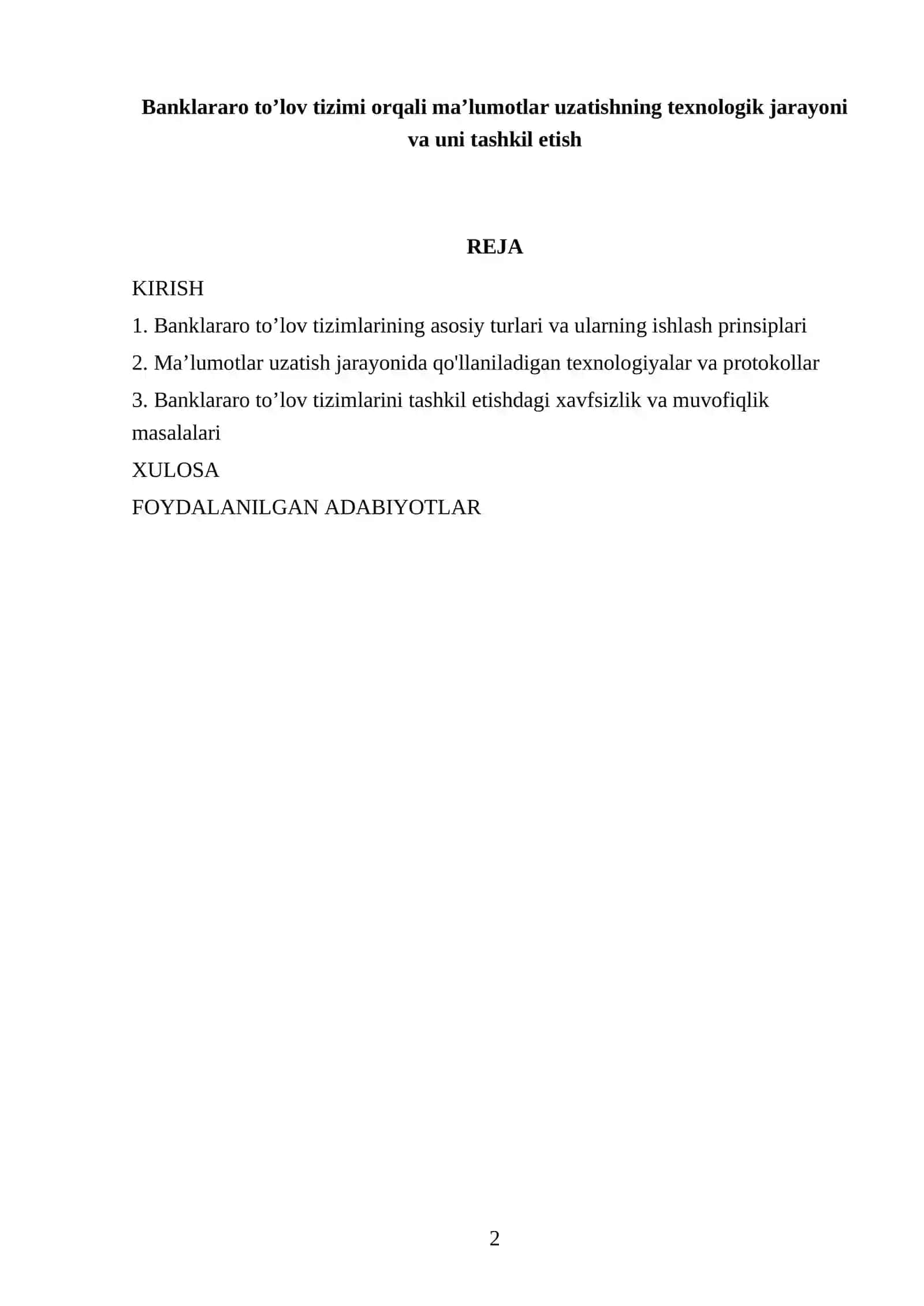 Banklararo toʼlov tizimi orqali ma’lumotlar uzatishning texnologik jarayoni va uni tashkil etish 2