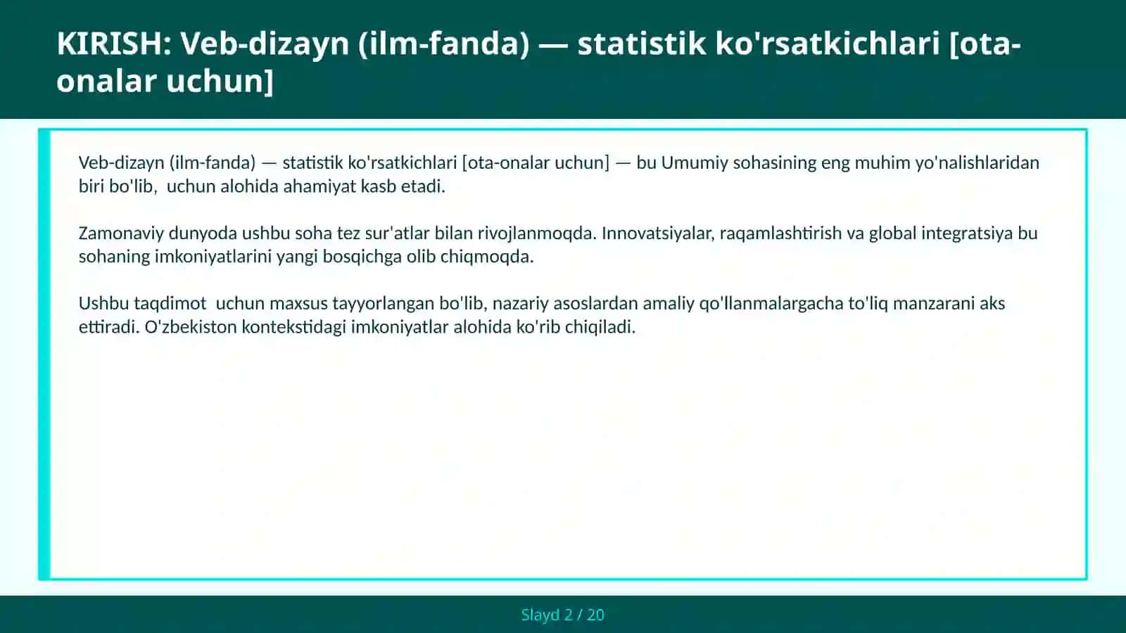 VEB-DIZAYN (ILM-FANDA) — STATISTIK KO'RSATKICHLARI [OTA-ONALAR UCHUN] 2