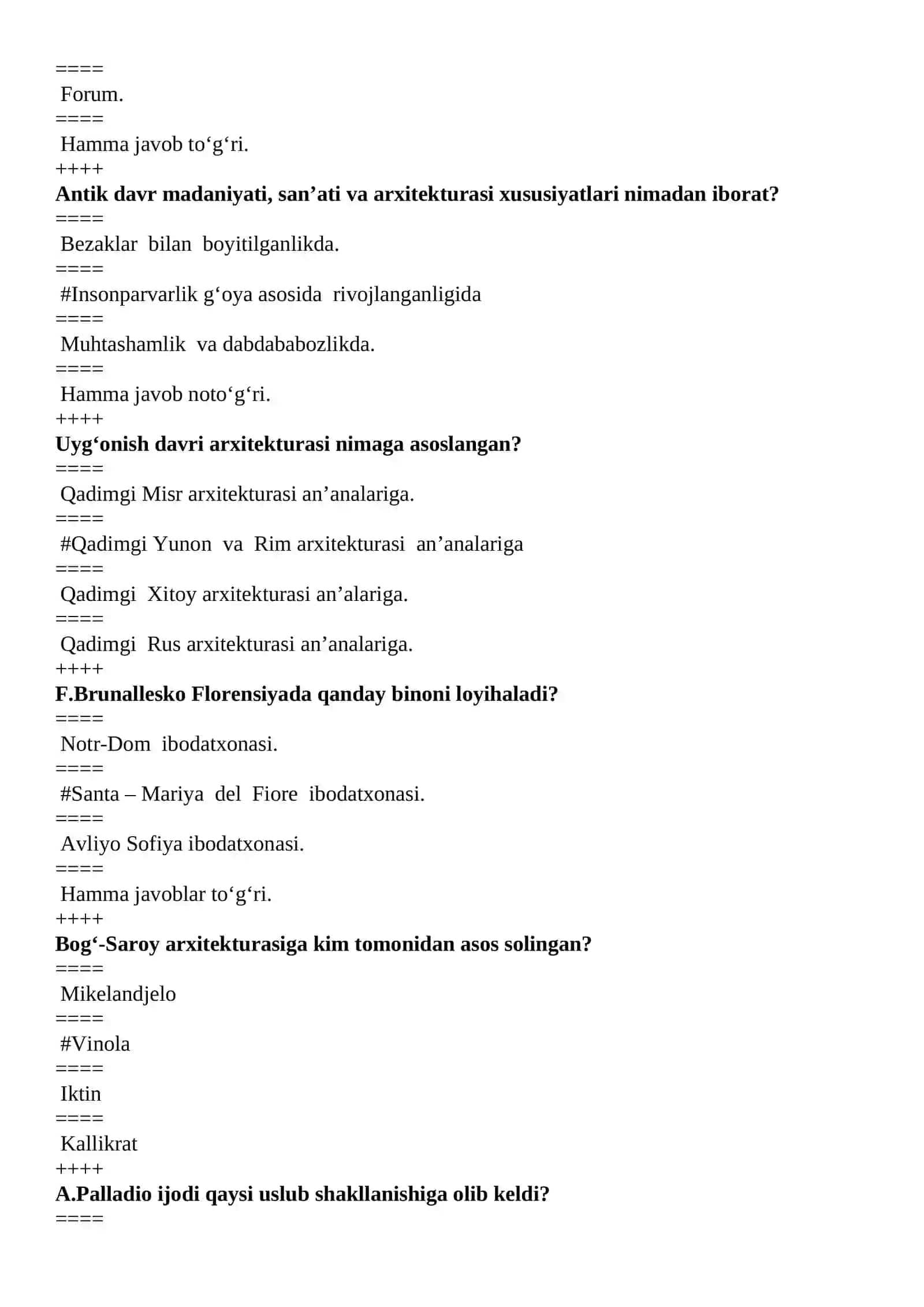 ARXITEKTURA TARIXI VA NAZARIYASI TEST SAVOL VA JAVOBLARI 181 ta test 2